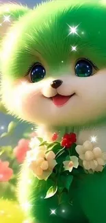 Cute green fluffy creature with flowers, perfect for a mobile background.