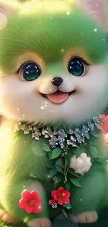 Adorable green furry animal with flowers, perfect wallpaper.