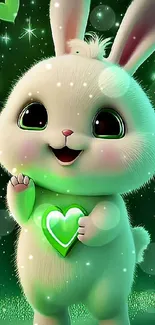 Adorable bunny with glowing green heart.