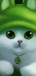 Cute white cat with green hat wallpaper.