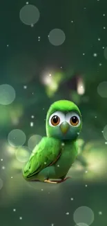 Cute green parrot with glowing orbs background.