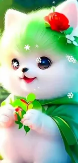 Cute cartoon Pomeranian with green fur and a red flower in winter setting.