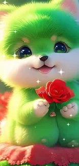 Cute green puppy holding a red rose in floral setting.