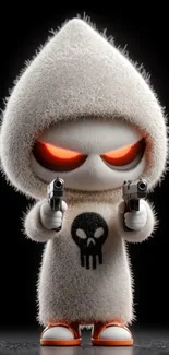 Cute fluff-covered Grim Reaper with glowing eyes holding guns.