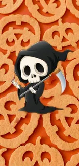 Cartoon Grim Reaper amidst orange pumpkin cutouts.