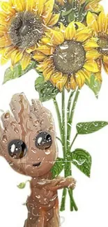 Cute Groot holding bright sunflowers against a white background.