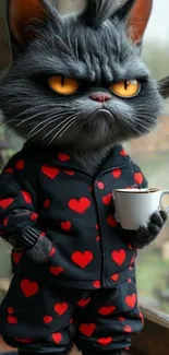 Grumpy cat in heart pajamas holding a cup.