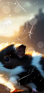 Whimsical guinea pig with a sparkling spider web in fantasy art style.