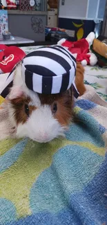 Guinea pig in black striped costume on towel.