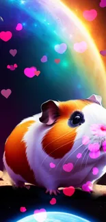 Cute guinea pig with hearts in space background.