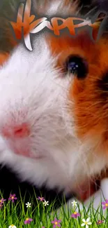 Happy guinea pig with vibrant background and flowers.