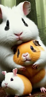 Three cute guinea pigs in a lush forest setting for mobile wallpaper.