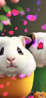 Adorable guinea pigs with floating pink hearts mobile wallpaper.