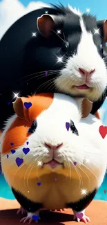 Two adorable guinea pigs stacked together in a sunny outdoor setting.