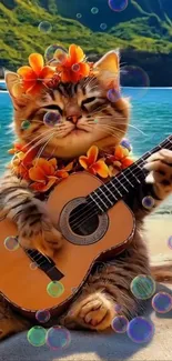 Cat with flowers playing guitar on beach amidst bubbles.