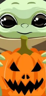 Cute green alien holding Halloween pumpkin illustration.