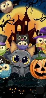 Halloween wallpaper with cute animals and pumpkin.