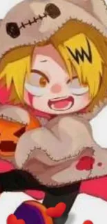 Cute anime character in beige costume holding a Halloween pumpkin.