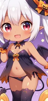 Cute chibi anime character in Halloween costume with pumpkins.