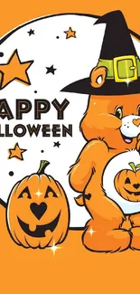 Cute Halloween bear with pumpkin design on orange background.