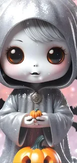 Charming cartoon character in Halloween outfit holding pumpkins with bat wings.