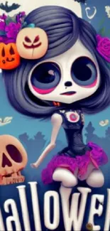 Cute Halloween cartoon wallpaper with purple theme.