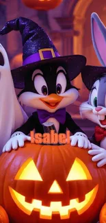 Cartoon characters in Halloween costumes with jack-o'-lantern.