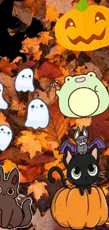 Cute Halloween wallpaper with ghosts, pumpkins, and cartoon animals on autumn leaves.