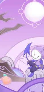 Cute cartoon character in a purple Halloween night setting.