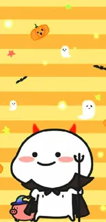 Cute Halloween cartoon wallpaper with pumpkins, ghosts, and a little devil.