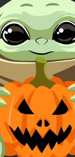 Cute alien with pumpkin Halloween wallpaper.