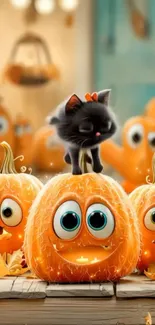 Black kitten on smiling pumpkin scene.