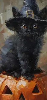 A black kitten wearing a witch hat sits atop a pumpkin, perfect for Halloween.
