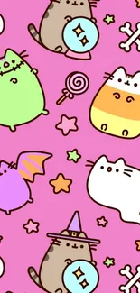 Cute cartoon cats on pink Halloween wallpaper.