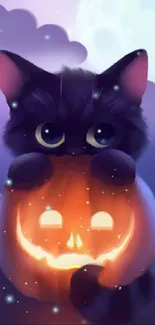 Cute cat holding glowing pumpkin in moonlit night.