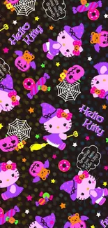 Adorable Hello Kitty Halloween wallpaper with pink and purple witchy designs.