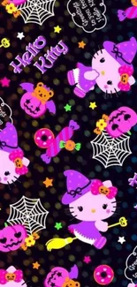 Hello Kitty in a Halloween theme with purple accents and cartoon elements.