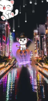 Cute Halloween cat in witch hat over city night scene with stars.