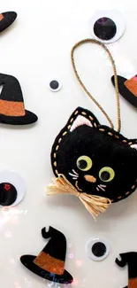 Cute Halloween black cat design with hats and eyes.