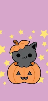 Halloween cat in pumpkin on purple background with stars.