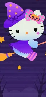 Cute cat in witch costume with stars and broom on a dark purple background.