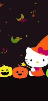 Cute Halloween-themed wallpaper with a witch cat and colorful pumpkins.