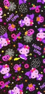 Cute Halloween-themed cat wallpaper with witch outfit.