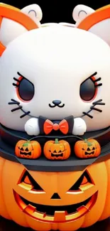 Kawaii cat sits in pumpkin surrounded by jack-o'-lanterns.