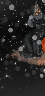 Cute Halloween cat with stars and pumpkin.