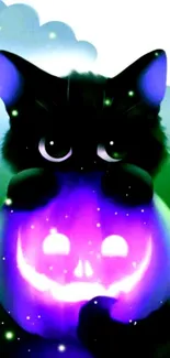 Black cat with purple glowing pumpkin, Halloween theme.