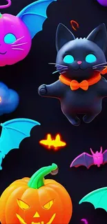 Cute Halloween-themed wallpaper with cats, bats, and pumpkins.