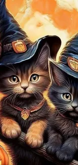 Two cute kittens in witch hats for Halloween.