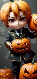 Cute cartoon character with pumpkins in Halloween style.