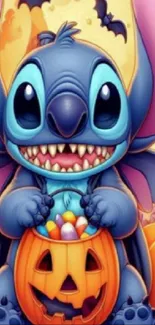 Cute blue creature with pumpkins and Halloween theme.